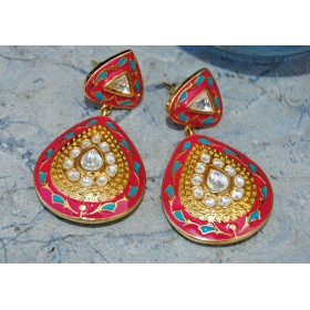 Pink Enamel Polki Diamond Dangler Earrings